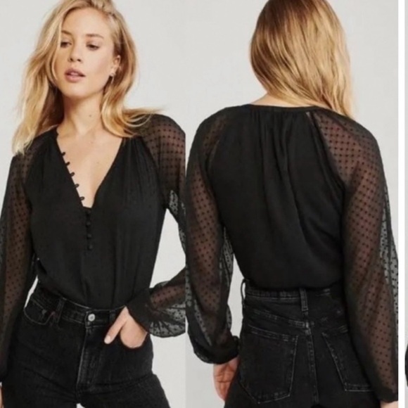 Abercrombie & Fitch Black Long sleeve Clip dot Bodysuit Small Swiss Dot Sheer - Picture 11 of 12